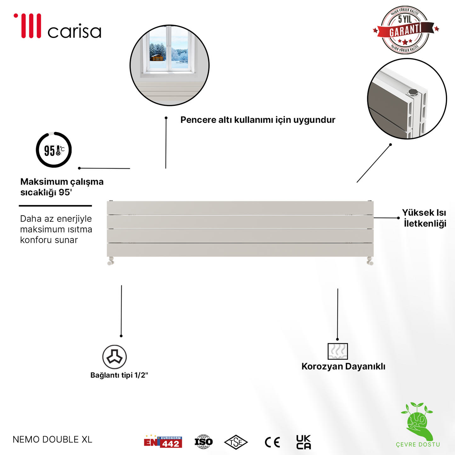 Carisa Nemo Double Xl Radiateur en Aluminium Horizontal Design Moderne Blanc