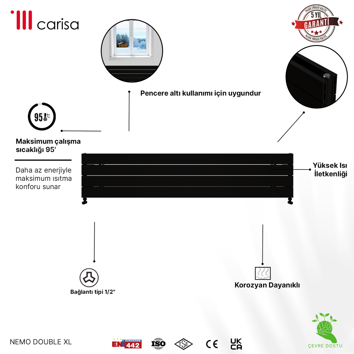 Carisa Nemo Double Xl Radiateur en Aluminium Horizontal Design Moderne Noir
