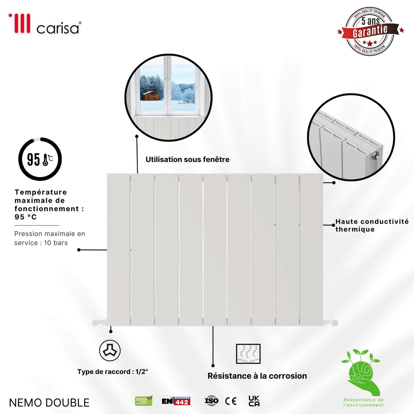 Carisa Nemo Radiateur en Aluminium Horizontal Design Moderne Blanc