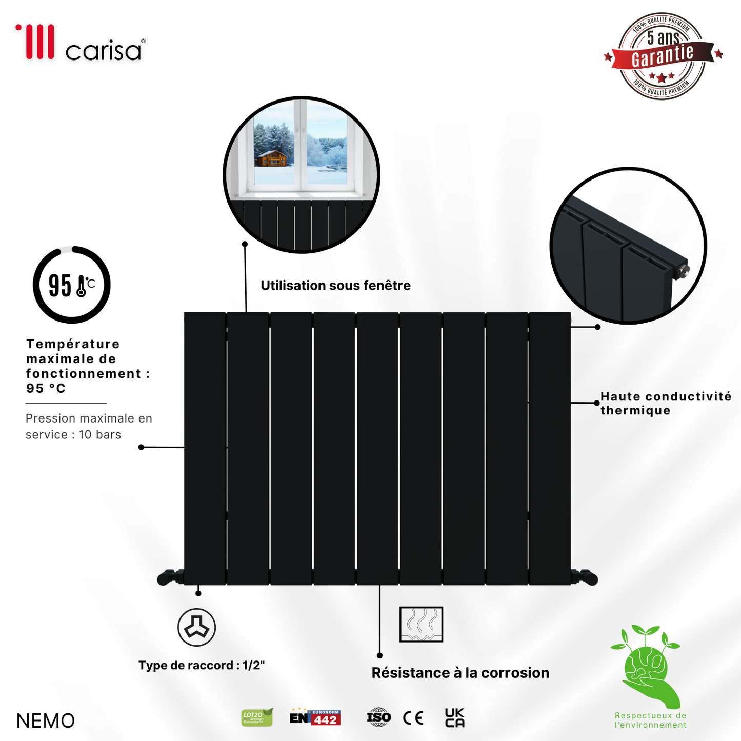 Carisa Nemo Radiateur en Aluminium Horizontal Design Moderne Gris foncé