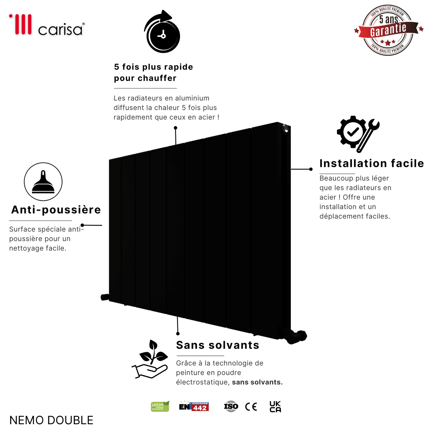 Carisa Nemo Radiateur en Aluminium Horizontal Design Moderne Noir