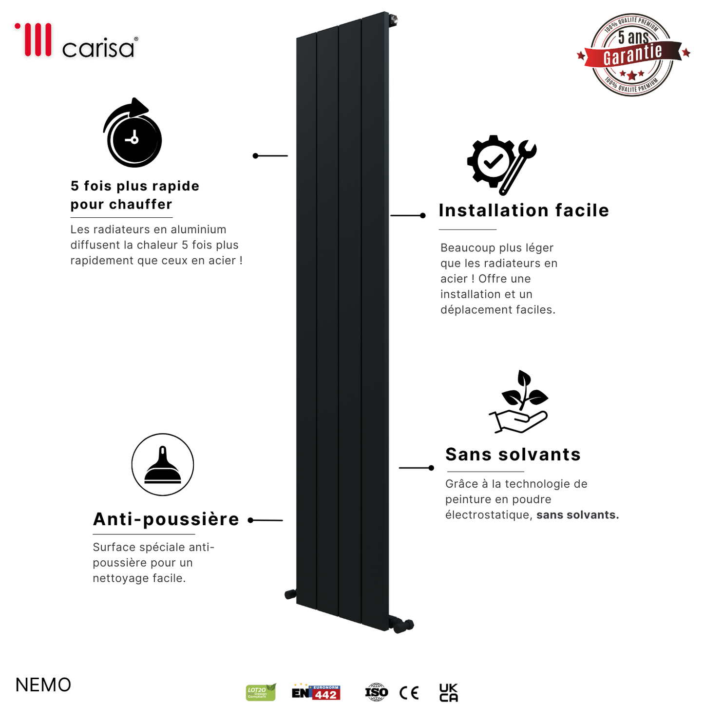 Carisa Nemo Radiateur en Aluminium Vertical Design Moderne Gris foncé
