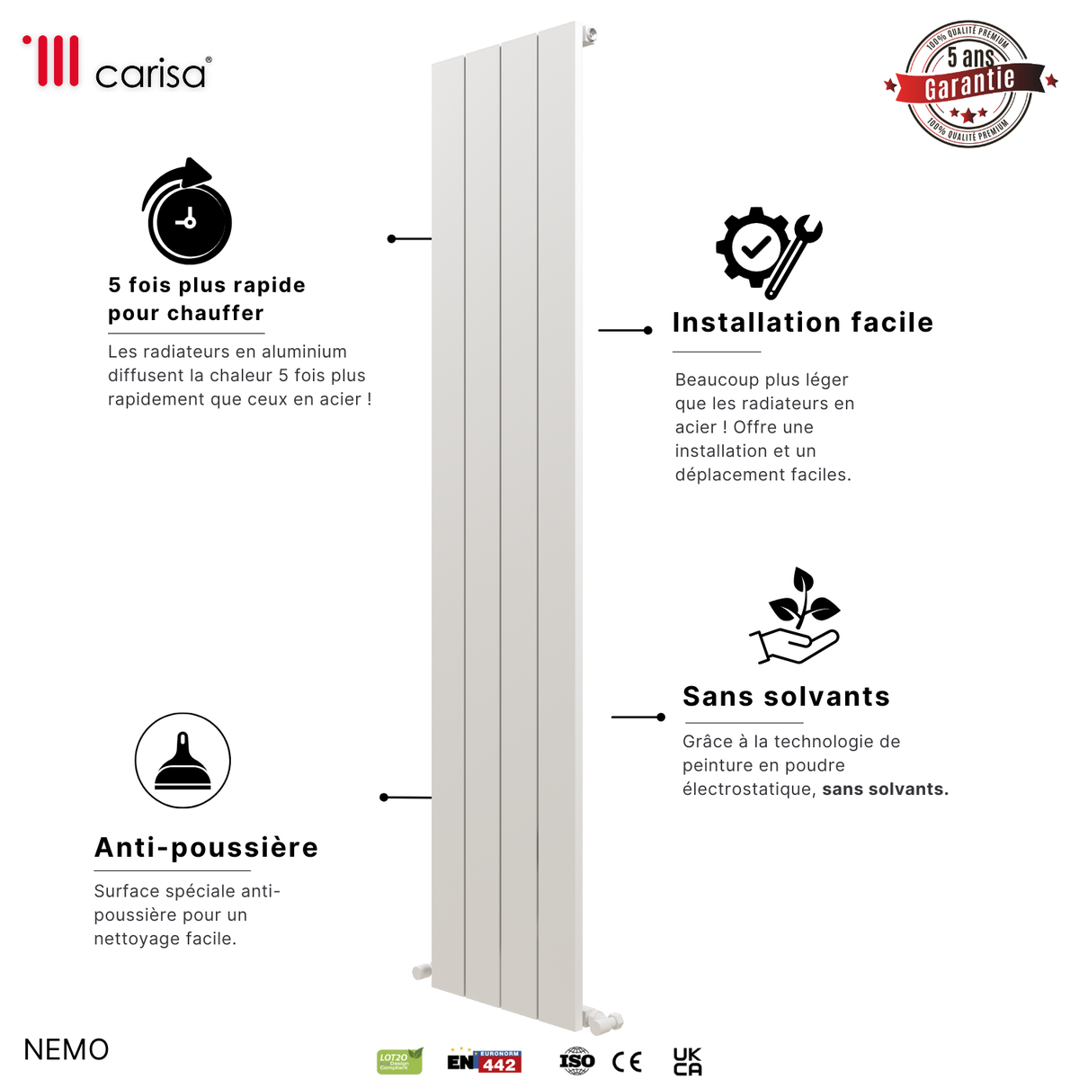 Carisa Nemo Radiateur en Aluminium Vertical Design Moderne Latte