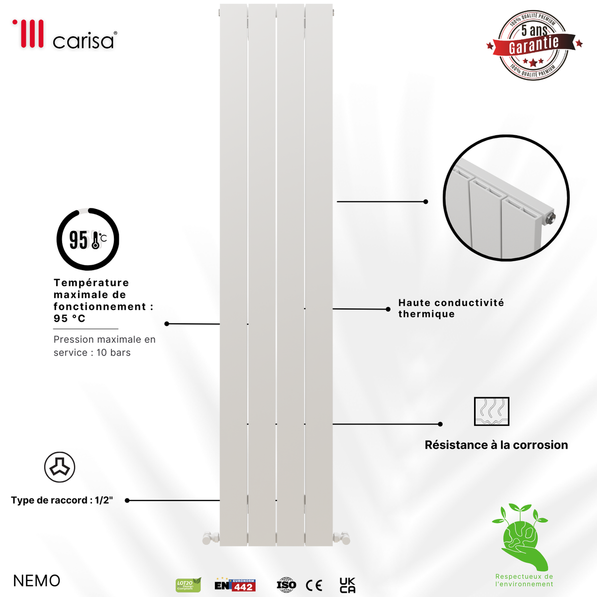 Carisa Nemo Radiateur en Aluminium Vertical Design Moderne Latte