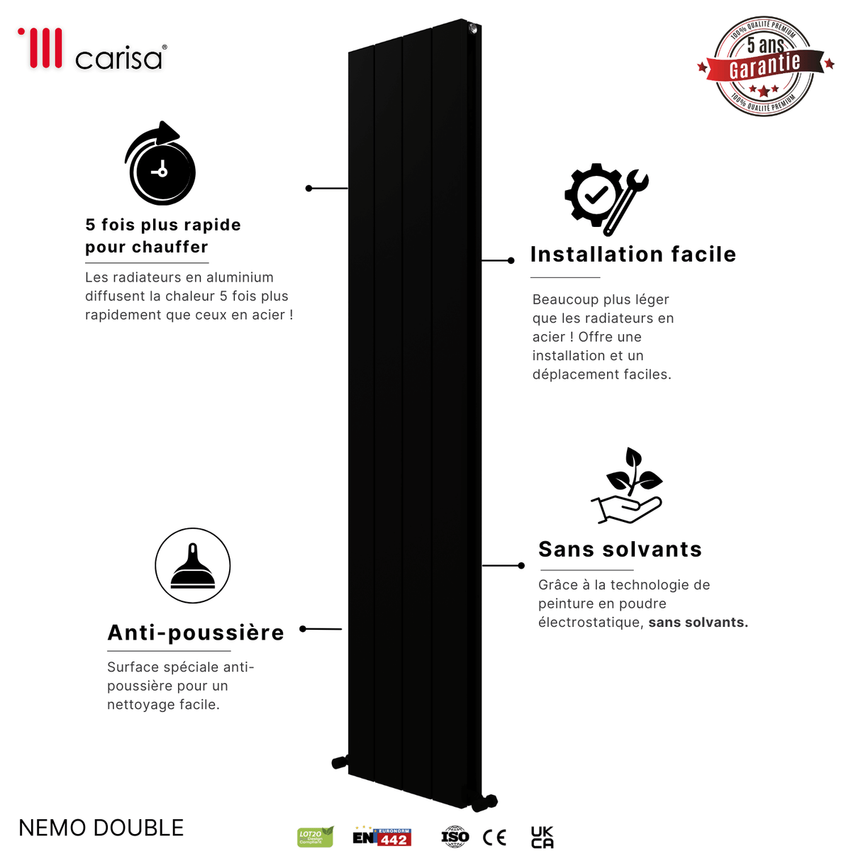 Carisa Nemo Radiateur en Aluminium Vertical Design Moderne Noir
