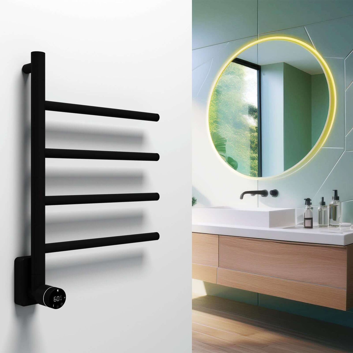Alt Tag: sèche-serviettes électrique Carisa Neo en inox noir mat, design contemporain pour salle de bain moderne