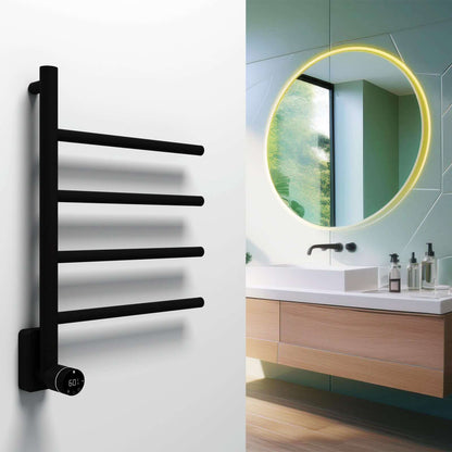 Alt Tag: sèche-serviettes électrique Carisa Neo en inox noir mat, design contemporain pour salle de bain moderne