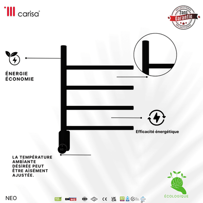 sèche-serviettes électrique Carisa Neo en inox noir mat, design contemporain, barres horizontales, efficacité énergétique, garantie 2 ans