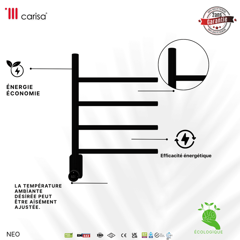 sèche-serviettes électrique Carisa Neo en inox noir mat, design contemporain, barres horizontales, efficacité énergétique, garantie 2 ans