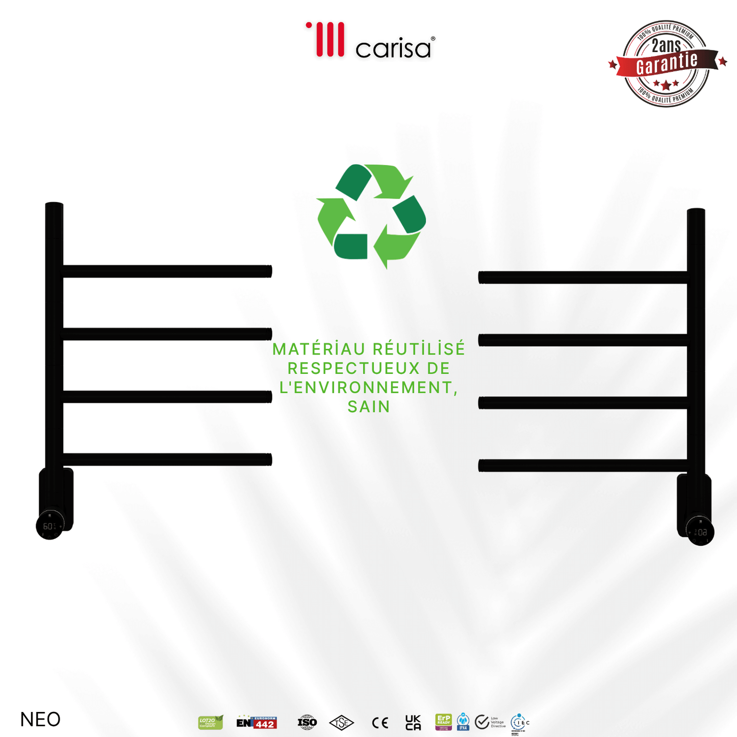 Alt Tag: sèche-serviettes Carisa Neo électrique en inox noir mat, matériau réutilisé éco-responsable, garantie 2 ans