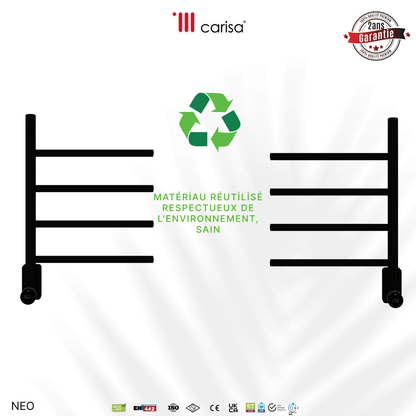 Alt Tag: sèche-serviettes Carisa Neo électrique en inox noir mat, matériau réutilisé éco-responsable, garantie 2 ans
