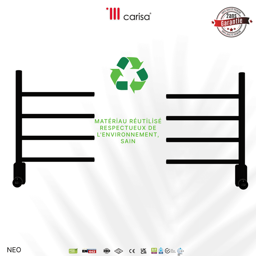 Alt Tag: sèche-serviettes Carisa Neo électrique en inox noir mat, matériau réutilisé éco-responsable, garantie 2 ans