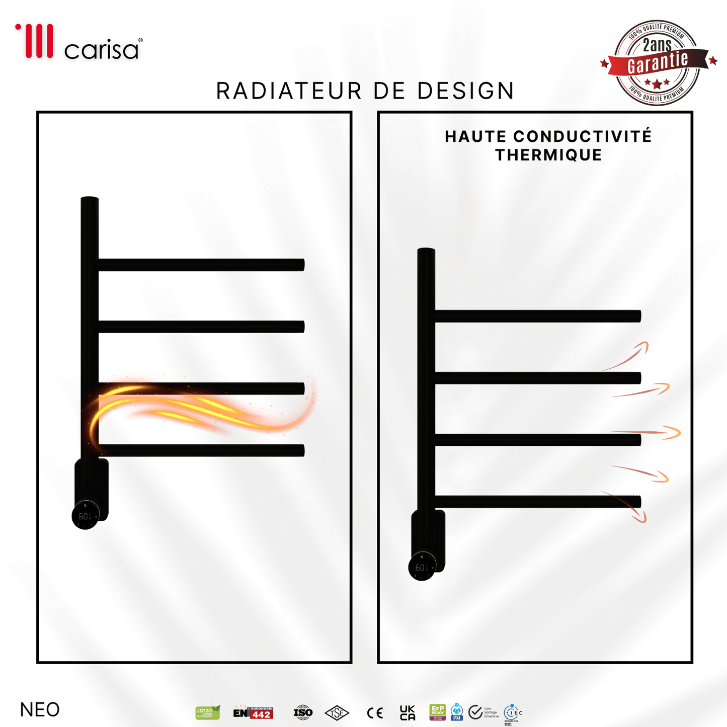 sèche-serviettes Carisa Neo électrique en inox noir mat, radiateur design haute conductivité thermique, garantie 2 ans