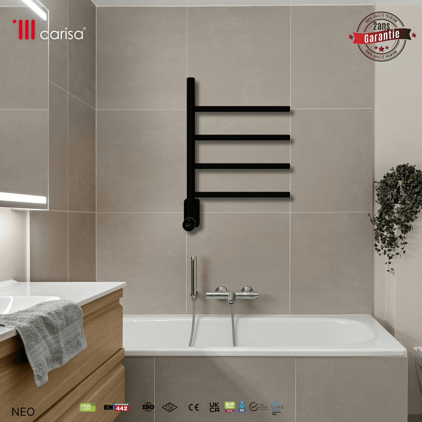 Alt Tag: sèche-serviettes électrique Carisa Neo inox noir mat, design contemporain mural pour salle de bain moderne