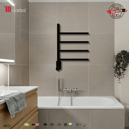 Alt Tag: sèche-serviettes électrique Carisa Neo inox noir mat, design contemporain mural pour salle de bain moderne