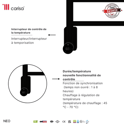 Alt Tag: Sèche-serviettes électrique Carisa Neo inox noir mat avec contrôle température et minuterie, affichage 60°, garantie 2 ans