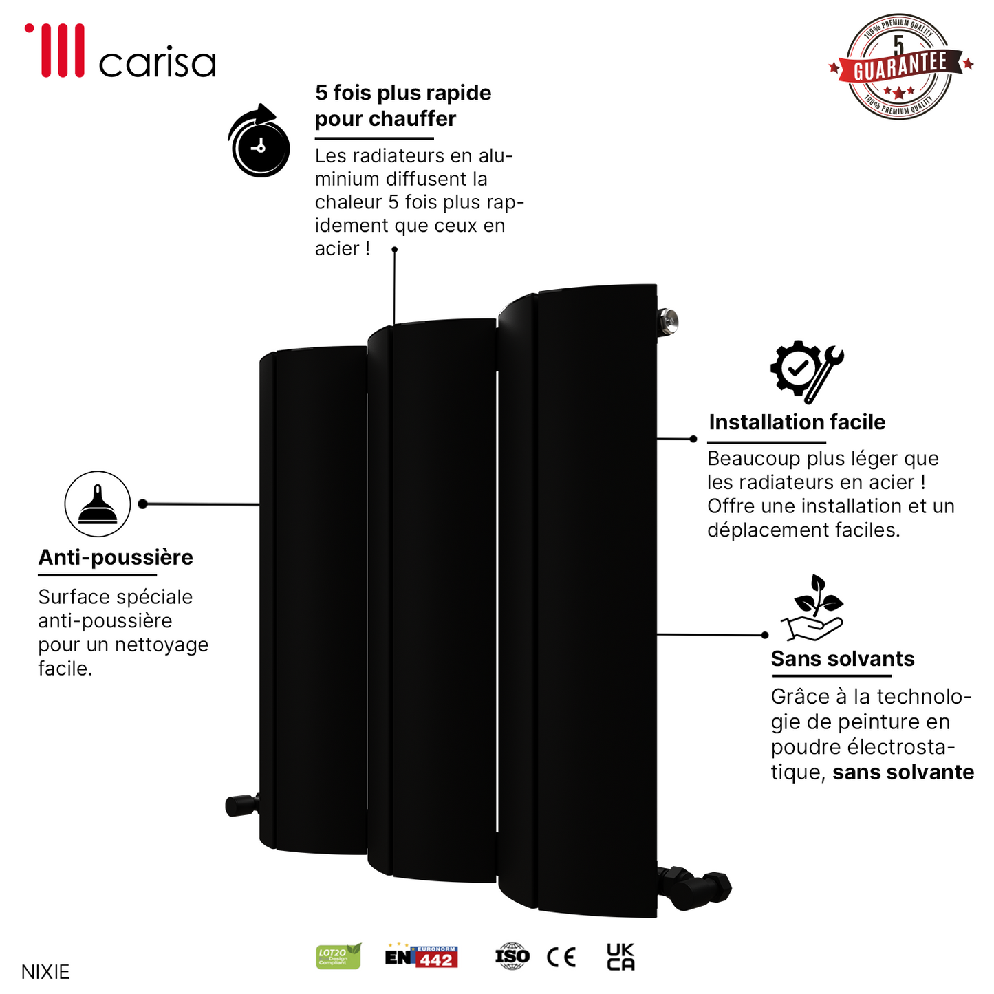 Carisa Nixie Radiateur en Aluminium Horizontal Design Moderne Noir