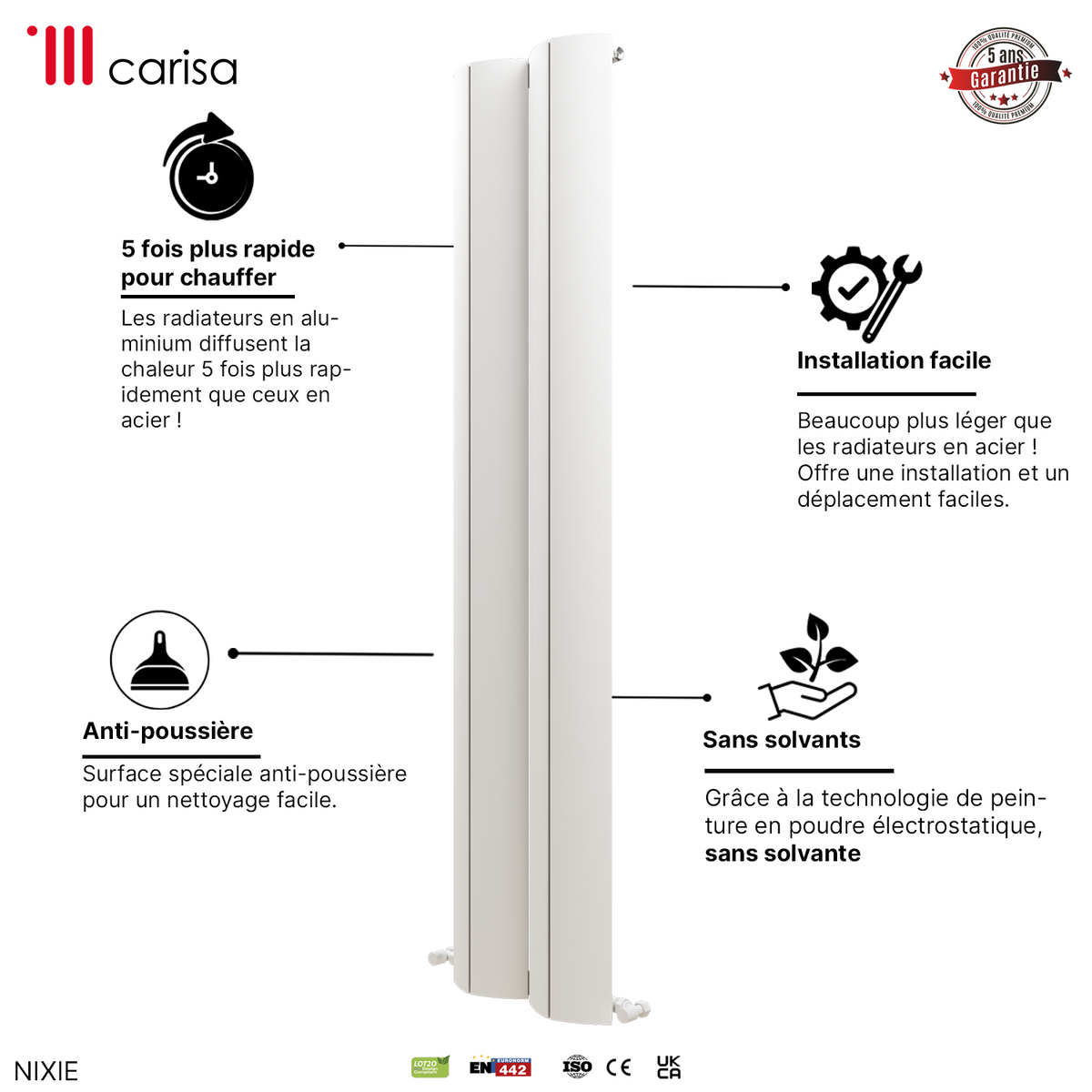 Alt Tag: Carisa Nixie Radiateur en Aluminium Vertical Design Moderne Blanc, radiateur vertical blanc anti-poussière, installation facile, sans solvants
