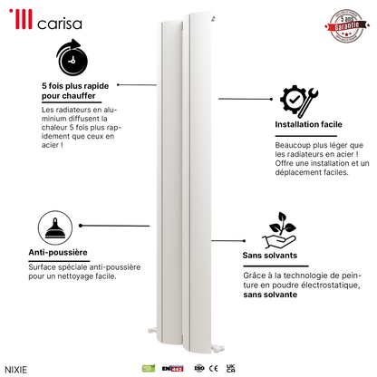 Alt Tag: Carisa Nixie Radiateur en Aluminium Vertical Design Moderne Blanc, radiateur vertical blanc anti-poussière, installation facile, sans solvants