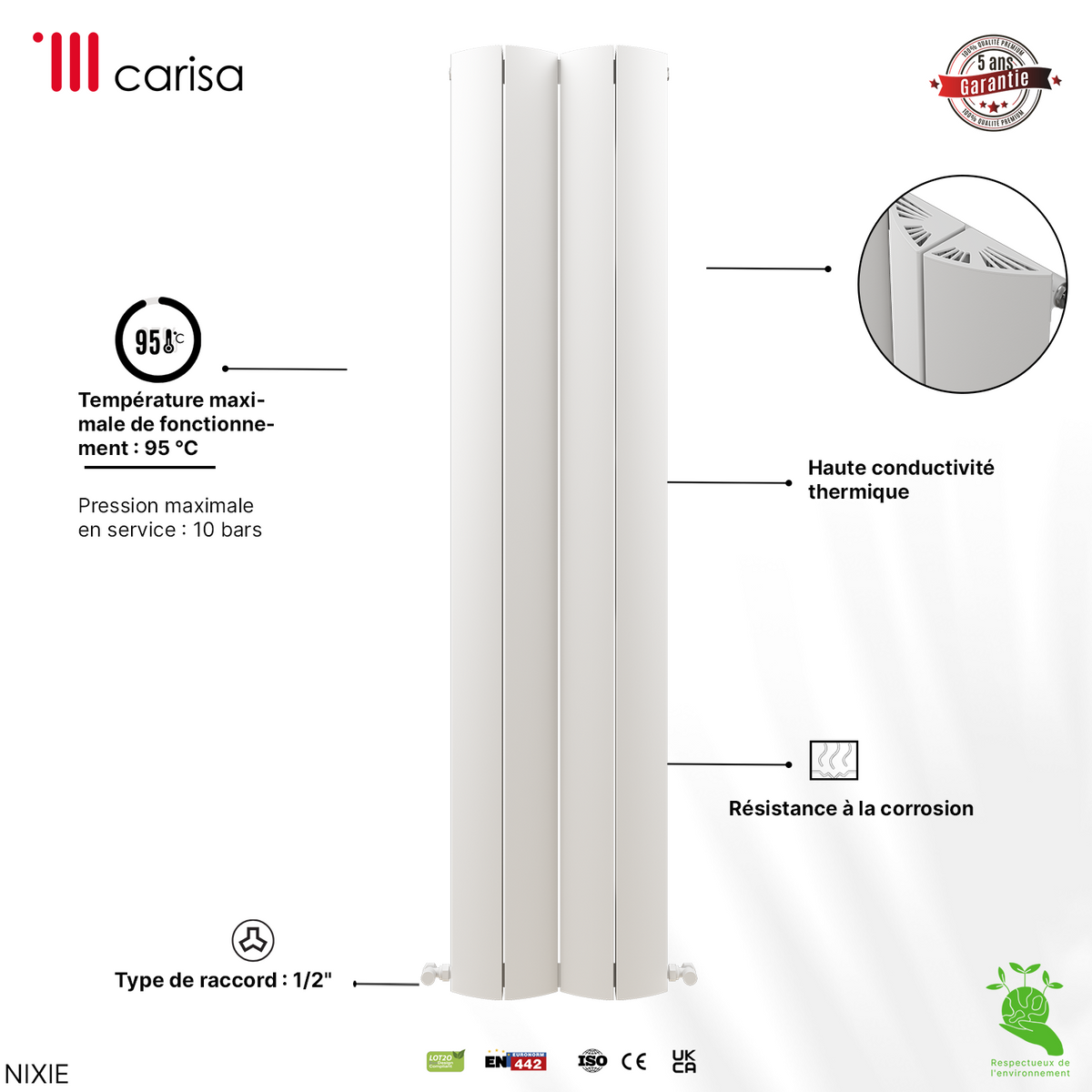 Alt Tag: Carisa Nixie Radiateur en Aluminium Vertical Design Moderne Blanc, radiateur vertical blanc haute conductivité, résistance corrosion, garantie 5 ans