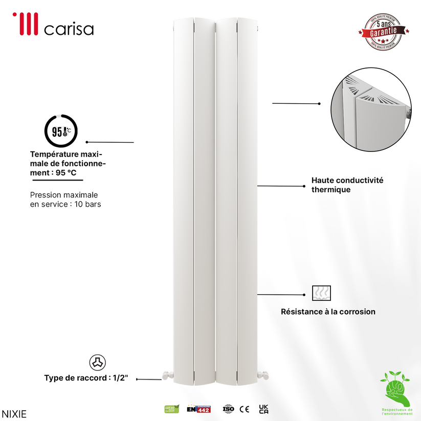 Alt Tag: Carisa Nixie Radiateur en Aluminium Vertical Design Moderne Blanc, radiateur vertical blanc haute conductivité, résistance corrosion, garantie 5 ans