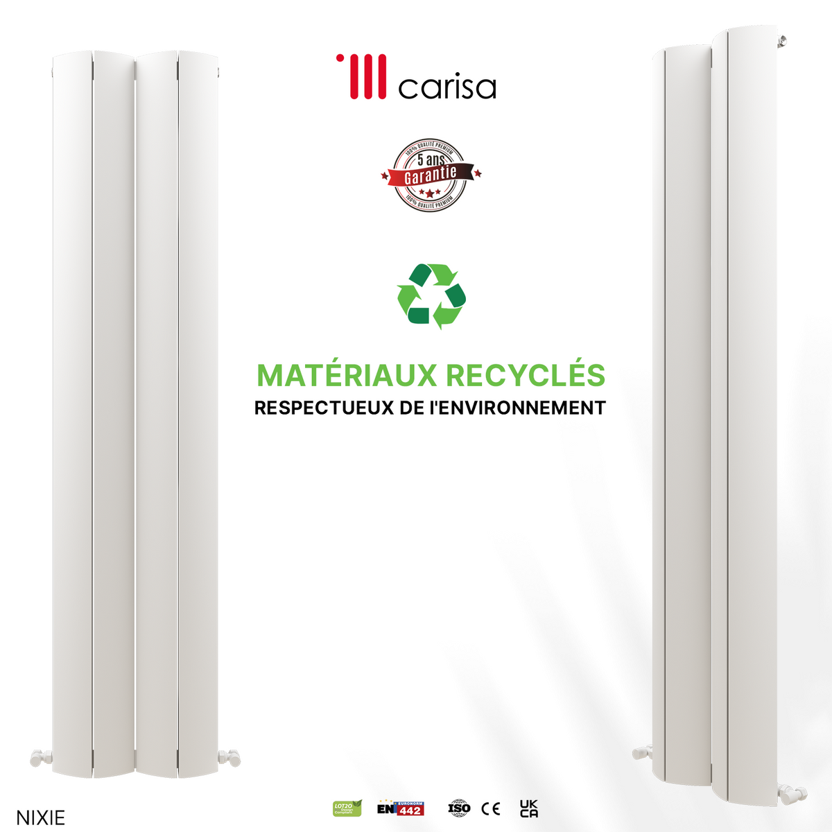 Carisa Nixie Radiateur en Aluminium Vertical Design Moderne Blanc, radiateur vertical blanc en aluminium, matériaux recyclés et garantie 5 ans