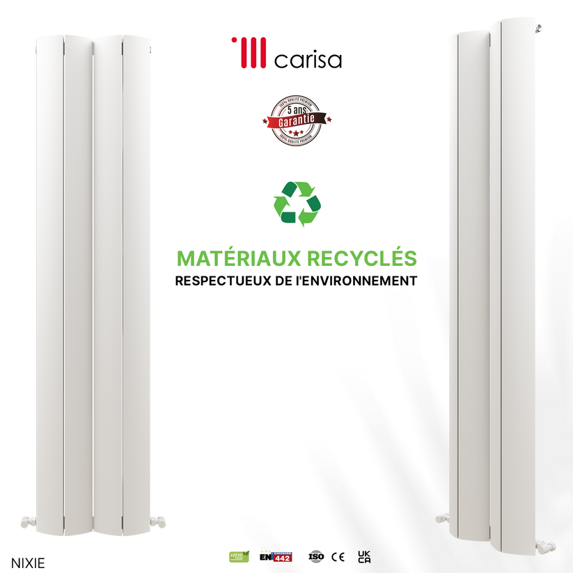 Carisa Nixie Radiateur en Aluminium Vertical Design Moderne Blanc, radiateur vertical blanc en aluminium, matériaux recyclés et garantie 5 ans