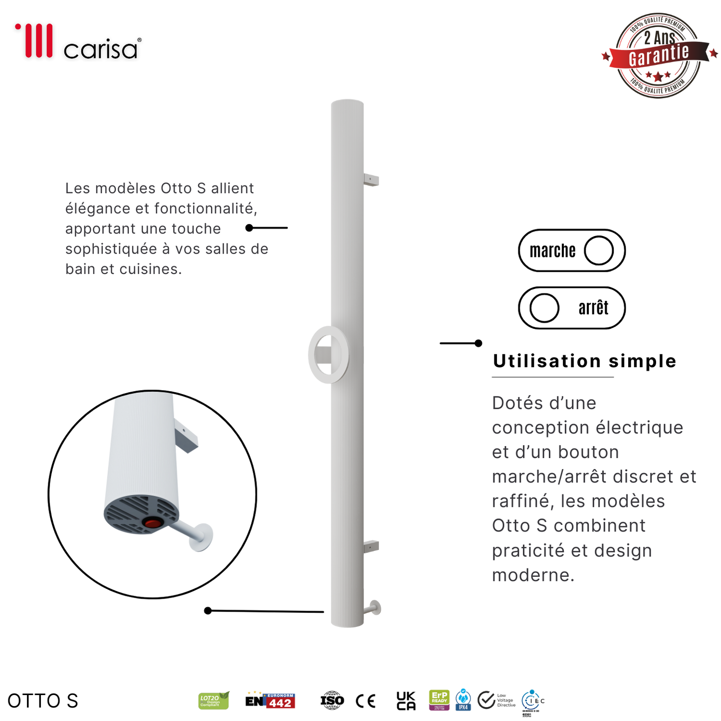 Carisa Otto Single Sèche-Serviette Électrique Design Moderne Blanc