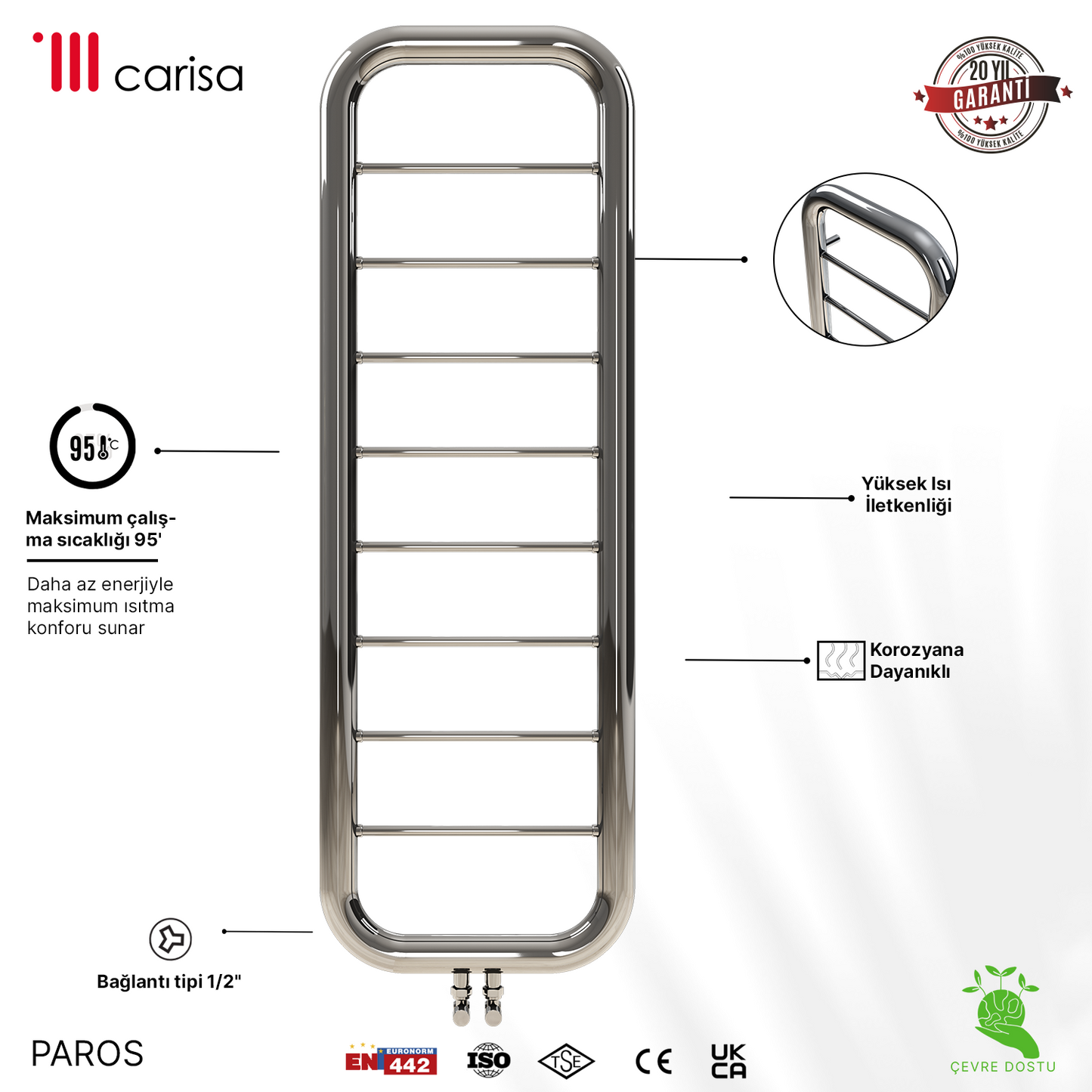 Carisa Paros Sèche-Serviettes en Acier Inoxydable Design Moderne Miroir Polisaj