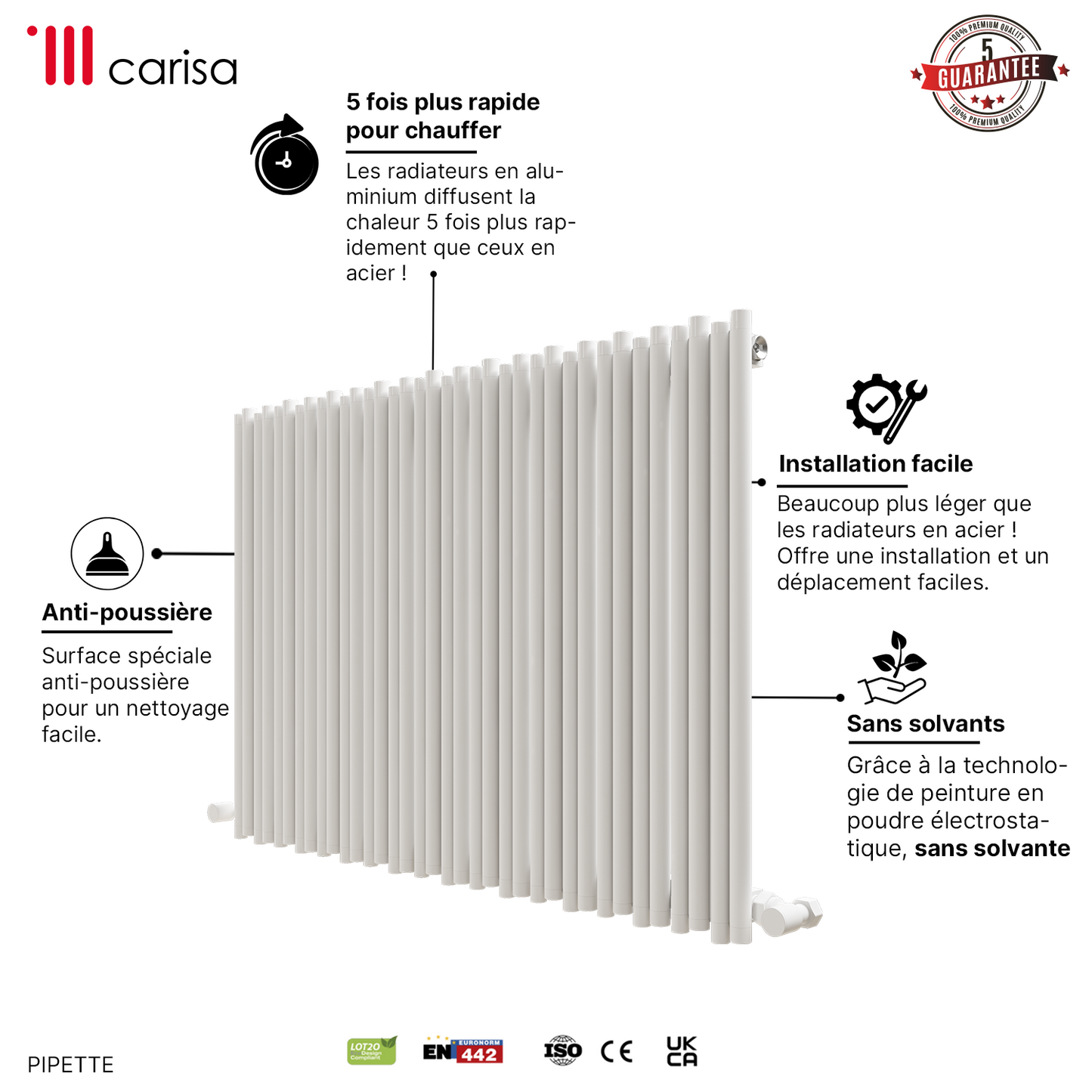 Carisa Pipette Radiateur en Aluminium Horizontal Design Moderne Blanc