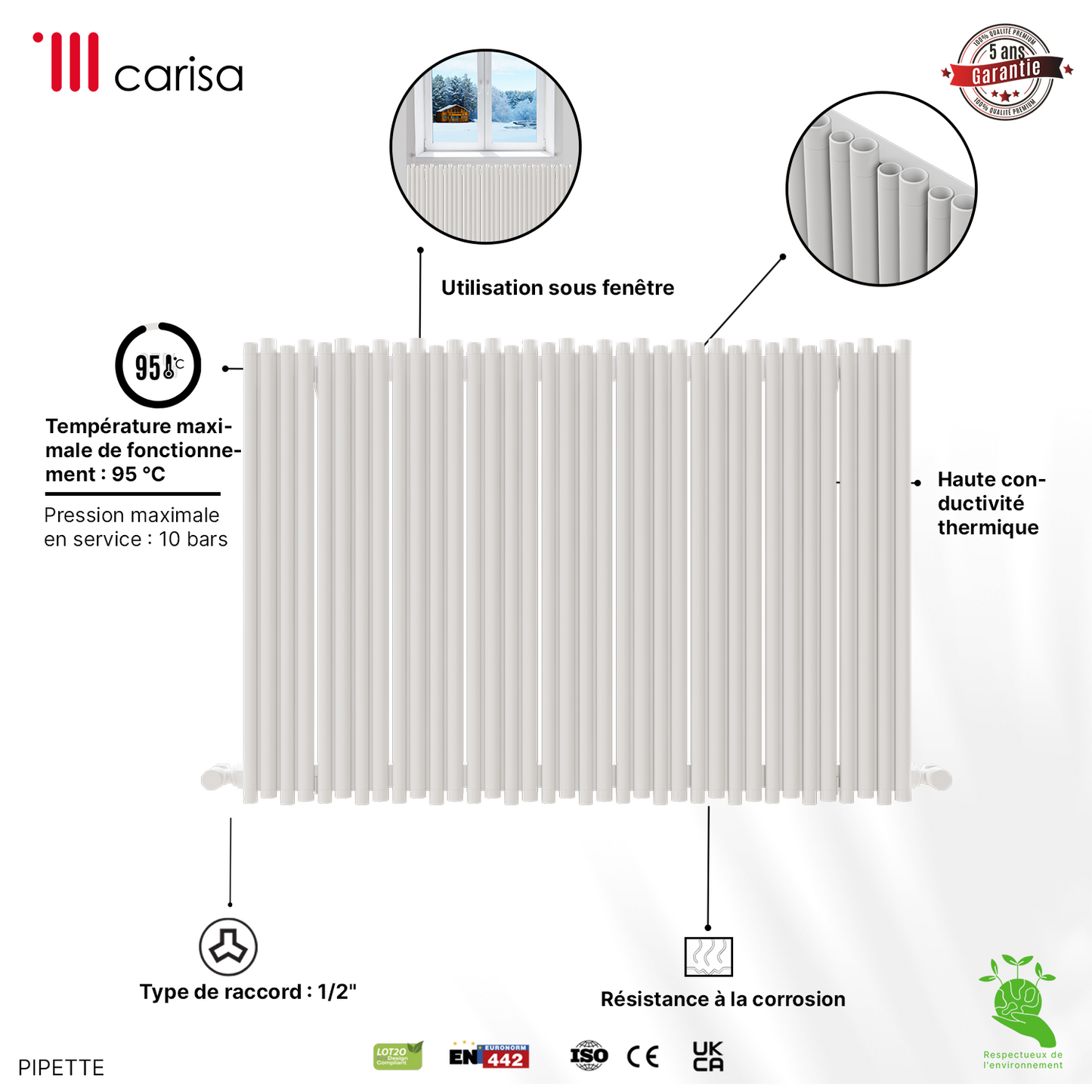 Carisa Pipette Radiateur en Aluminium Horizontal Design Moderne Blanc