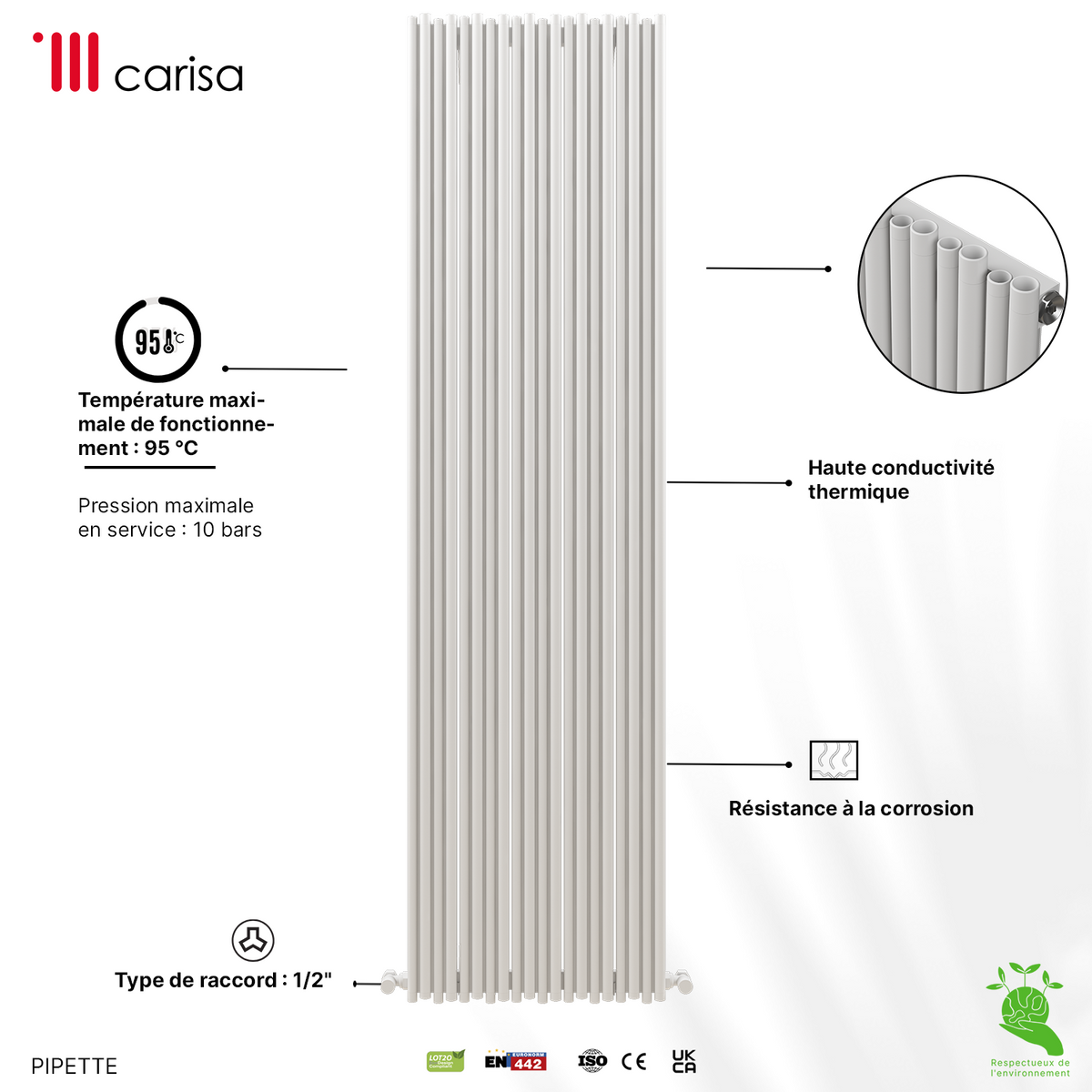 Carisa Pipette Radiateur en Aluminium Vertical Design Moderne Blanc