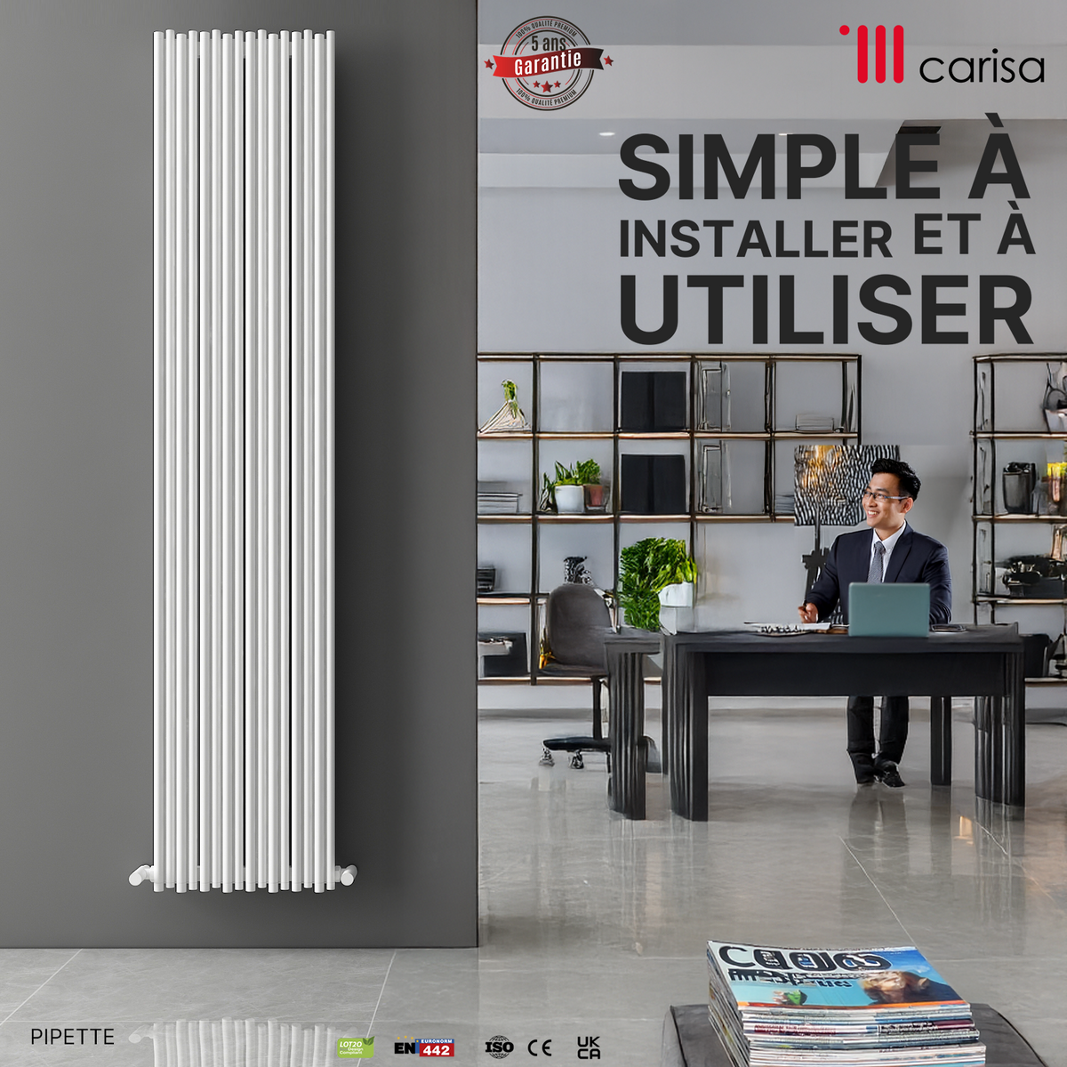 Carisa Pipette Radiateur en Aluminium Vertical Design Moderne Blanc