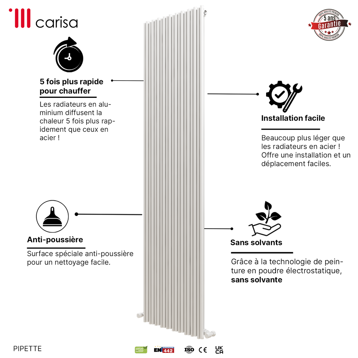 Carisa Pipette Radiateur en Aluminium Vertical Design Moderne Blanc