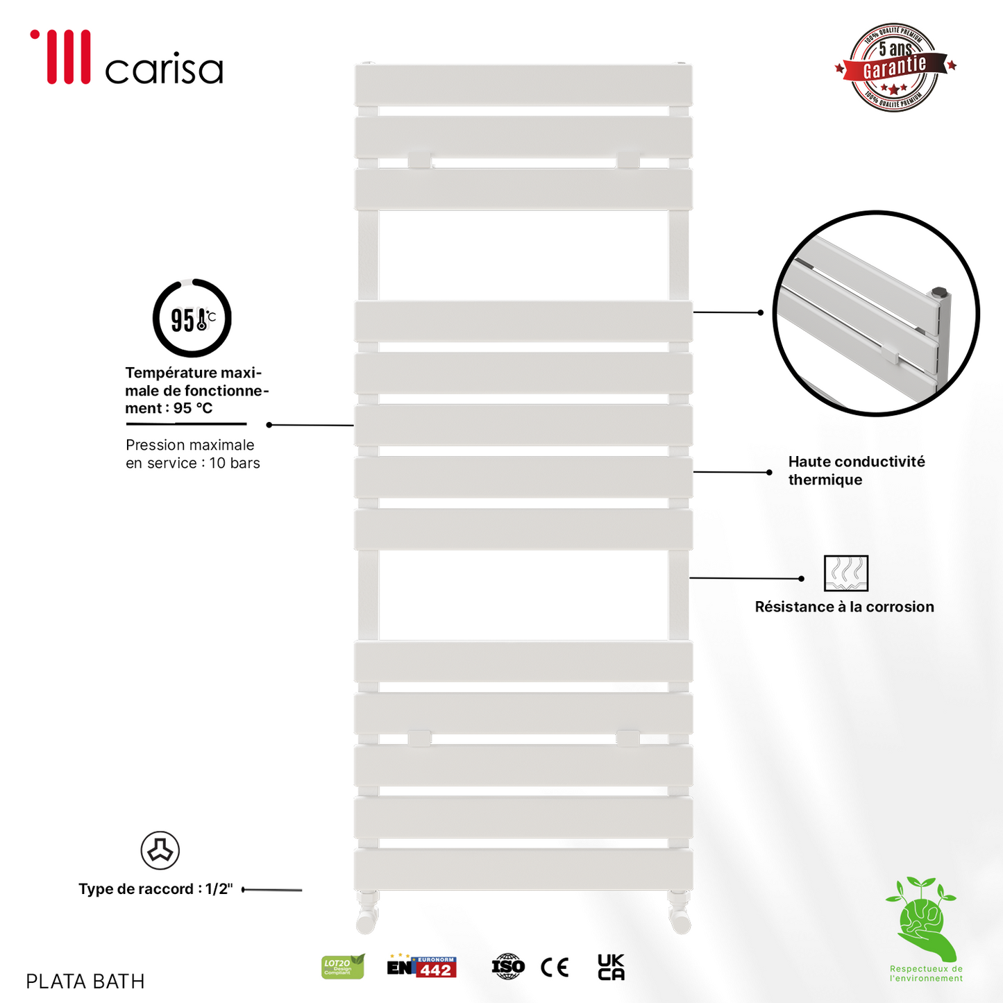 Carisa Plata Bath Sèche-Serviettes en Aluminium Design Moderne Blanc