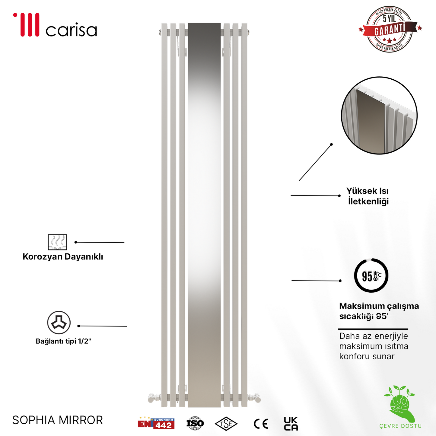Carisa Sophia Mirror Radiateur en Aluminium Vertical Design Moderne Blanc