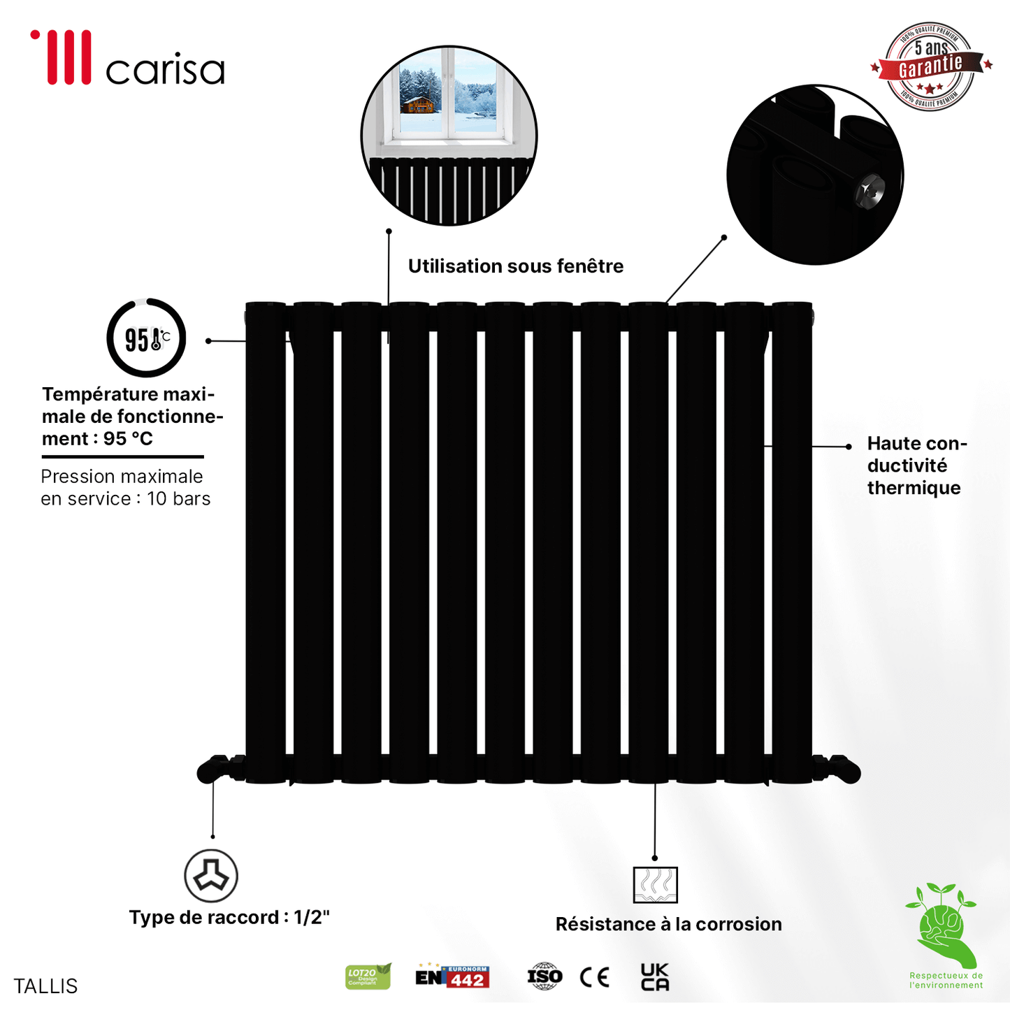 Carisa Tallis Radiateur en Aluminium Horizontal Design Moderne Noir