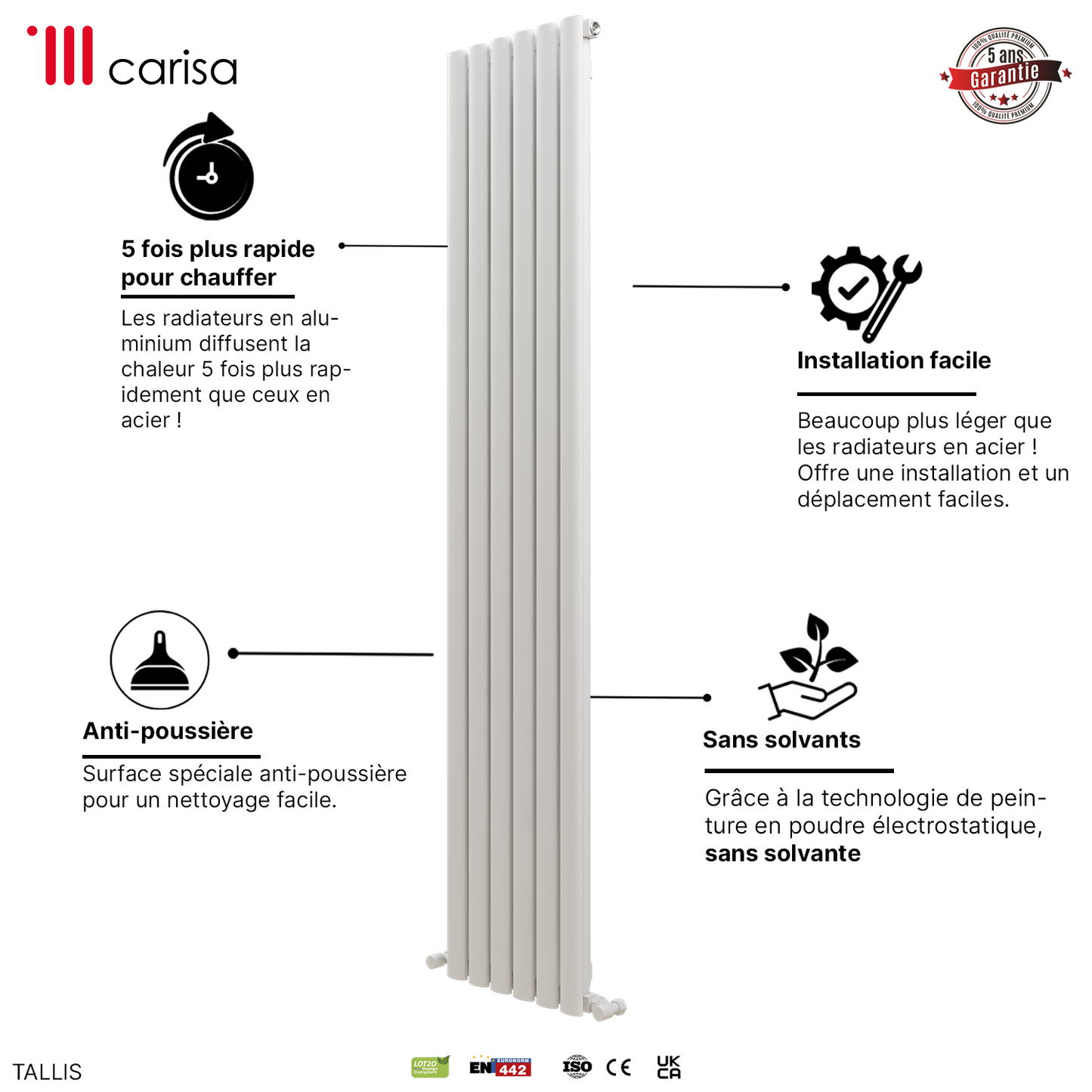 Carisa Tallis Radiateur en Aluminium Vertical Design Moderne Blanc