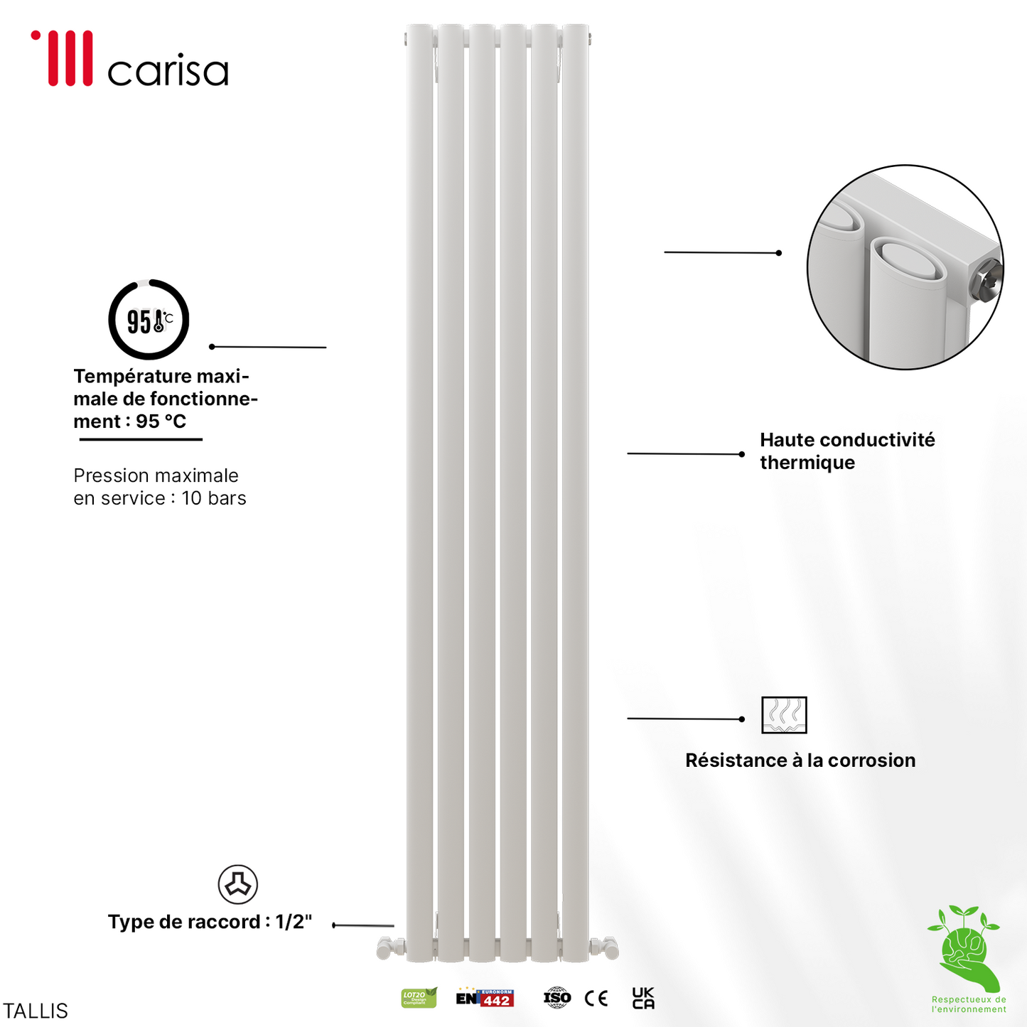 Carisa Tallis Radiateur en Aluminium Vertical Design Moderne Blanc