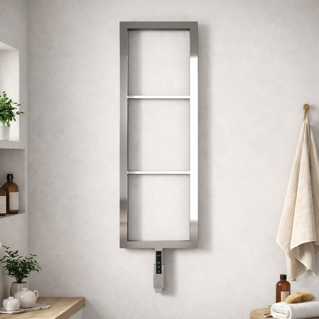 Alt Tag: sèche-serviettes électrique Carisa Vero en inox miroir poli, radiateur mural design avec commande, salle de bain moderne