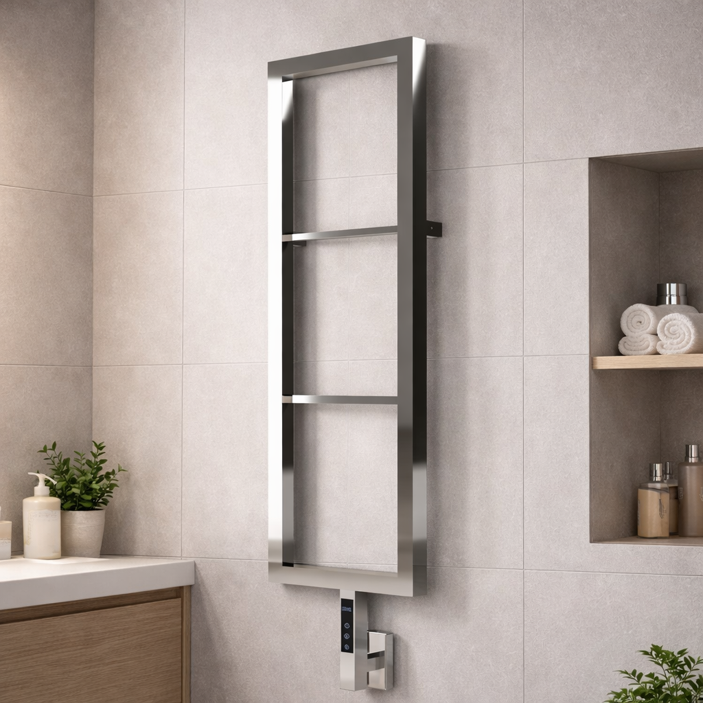 Alt Tag: sèche-serviettes électrique Carisa Vero en inox miroir poli, design mural moderne pour salle de bain