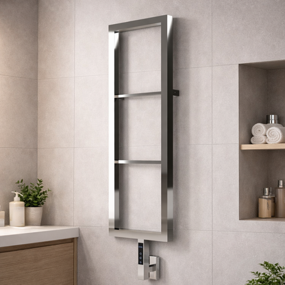 Alt Tag: sèche-serviettes électrique Carisa Vero en inox miroir poli, design mural moderne pour salle de bain