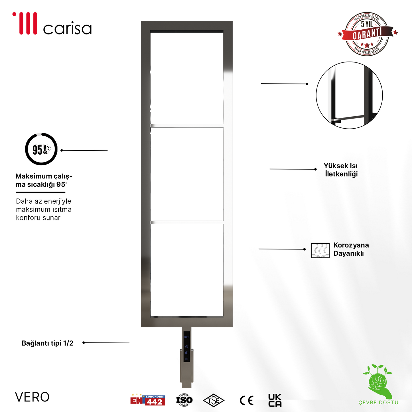 Carisa Vero sèche-serviettes électrique inox miroir poli, radiateur salle de bain design, haute conductivité, anti-corrosion, garantie 5 ans