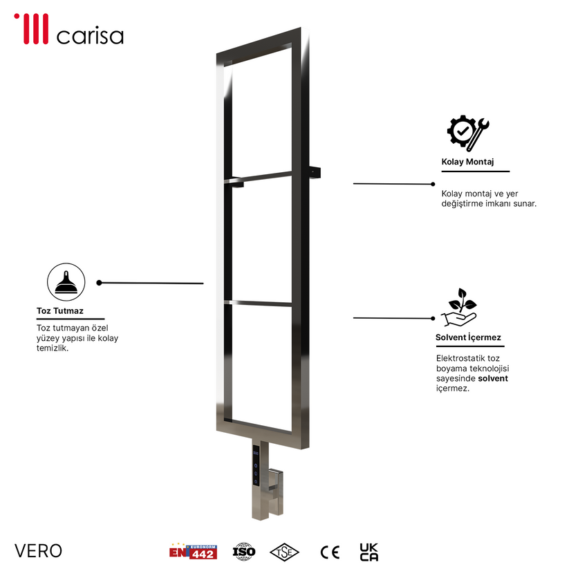 sèche-serviettes Carisa Vero électrique en inox miroir poli, radiateur de salle de bain vertical design, finition brillante