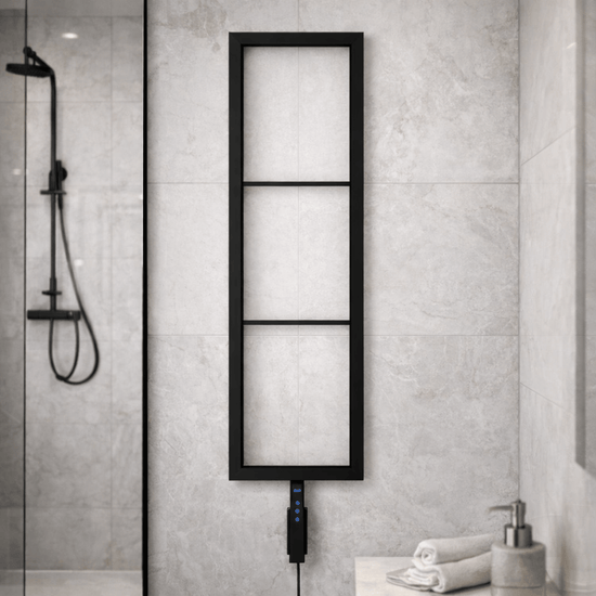 sèche-serviettes Carisa Vero électrique en acier inoxydable noir mat, radiateur mural design pour salle de bain moderne