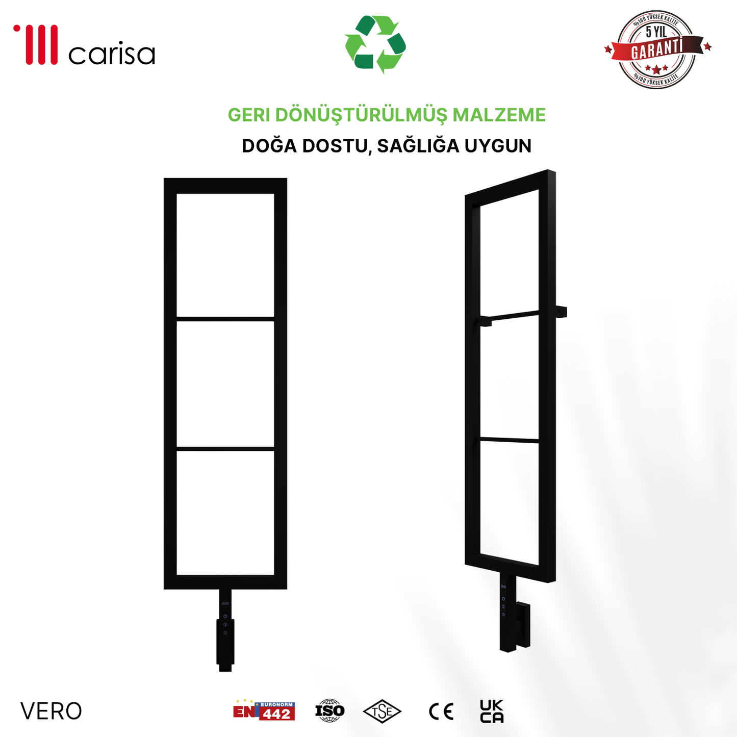 sèche-serviettes Carisa Vero électrique en acier inoxydable noir mat, design vertical, vue face et profil, garantie 5 ans