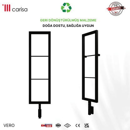 sèche-serviettes Carisa Vero électrique en acier inoxydable noir mat, design vertical, vue face et profil, garantie 5 ans