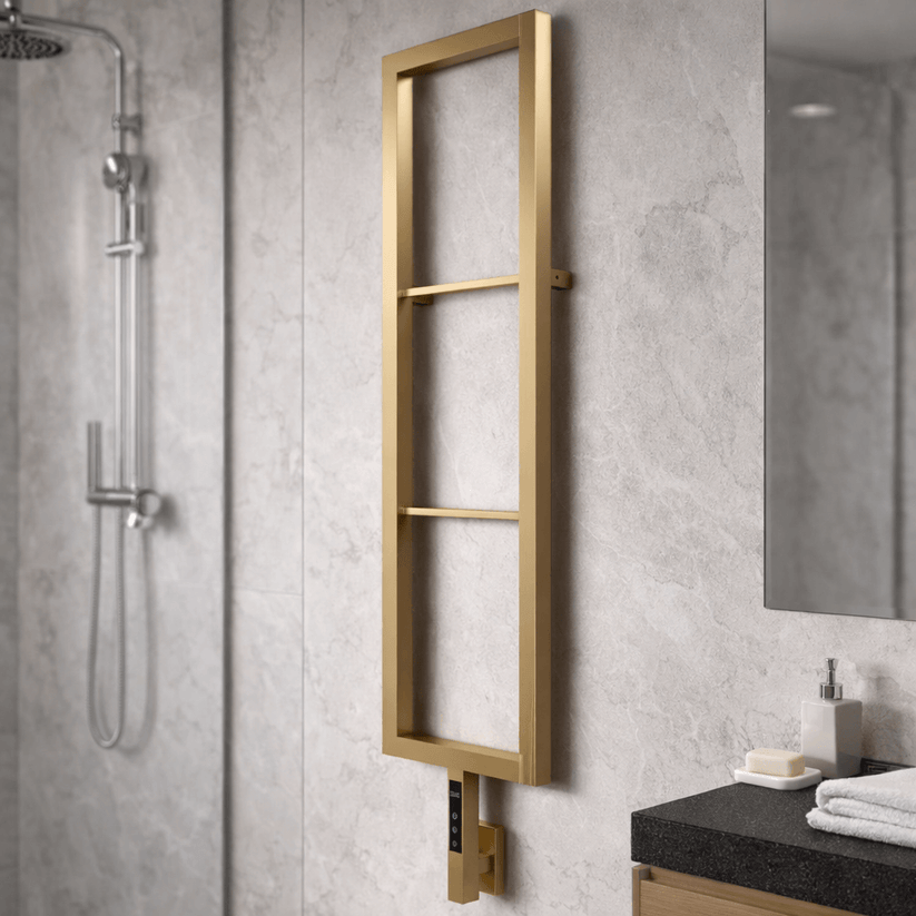 Alt Tag: sèche-serviettes électrique Carisa Vero en inox finition satinée polie, radiateur mural design pour salle de bain