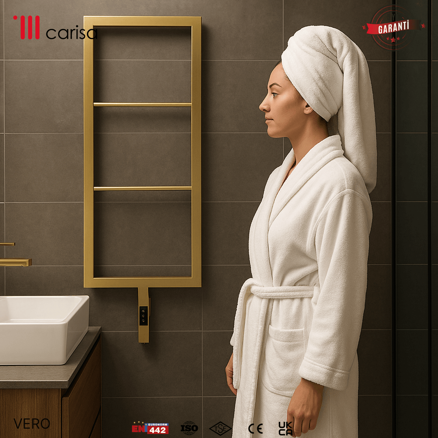 Alt Tag: sèche-serviettes Carisa Vero électrique en inox, finition satinée polie, radiateur mural salle de bain design