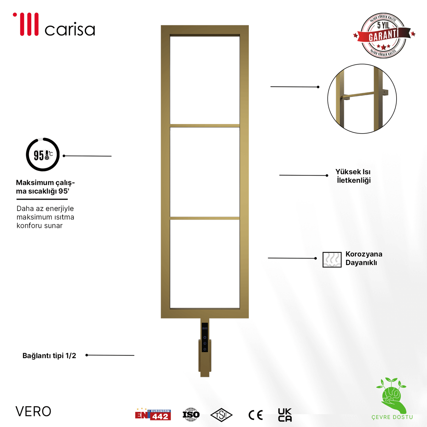 sèche-serviettes Carisa Vero électrique en inox finition satinée polie, radiateur porte-serviettes vertical design, garantie 5 ans
